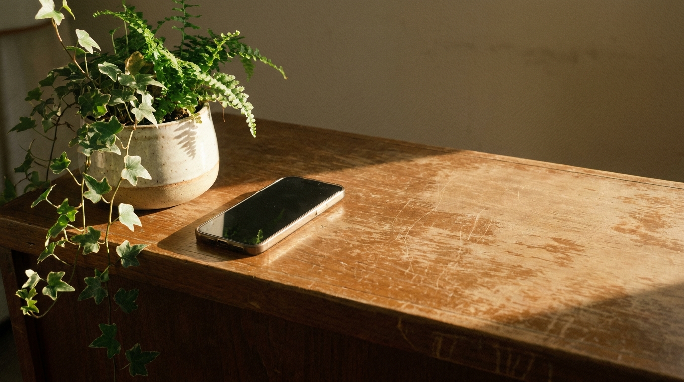 Smartphone and potted ivy plant on sunlit wooden table