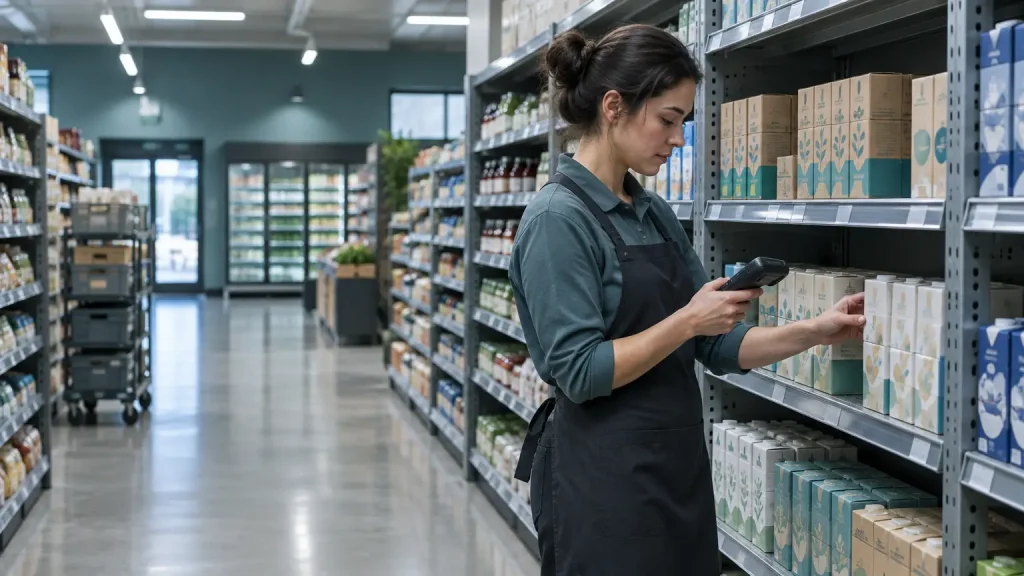 Store employee scanning product on shelves in a grocery aisle with handheld device