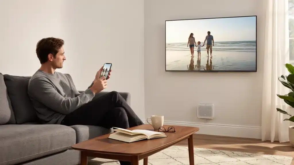 A man relaxing on his living room couch uses an iPhone to AirPlay a family beach photo onto a wall-mounted smart TV