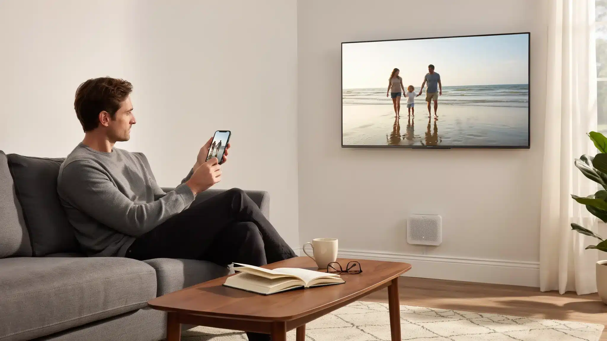 A man relaxing on his living room couch uses an iPhone to AirPlay a family beach photo onto a wall-mounted smart TV