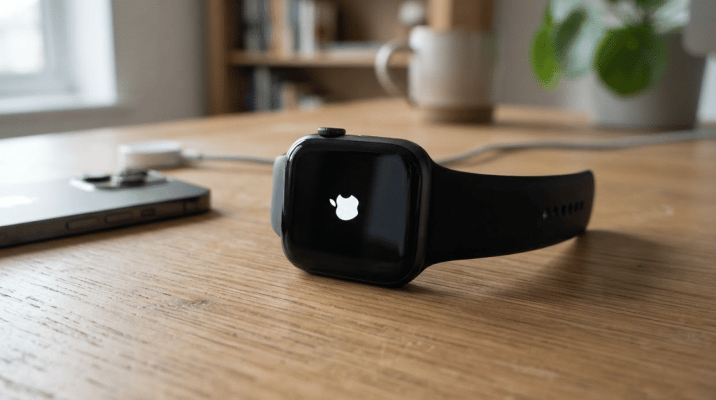 black apple watch stuck on the white apple logo beside an iphone and charging cable on a wooden desk