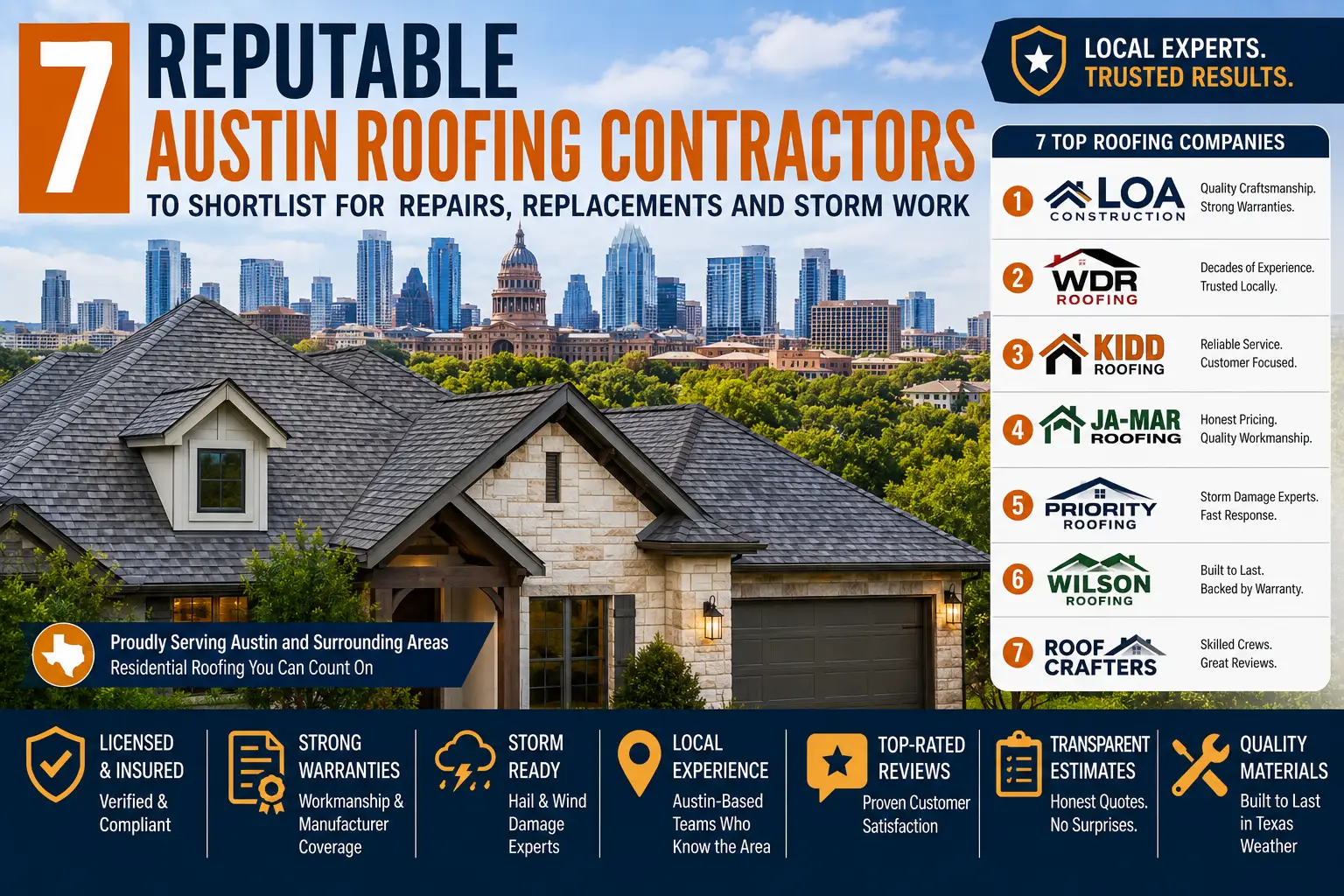 House with gray shingle roof and Austin skyline in the background under blue sky