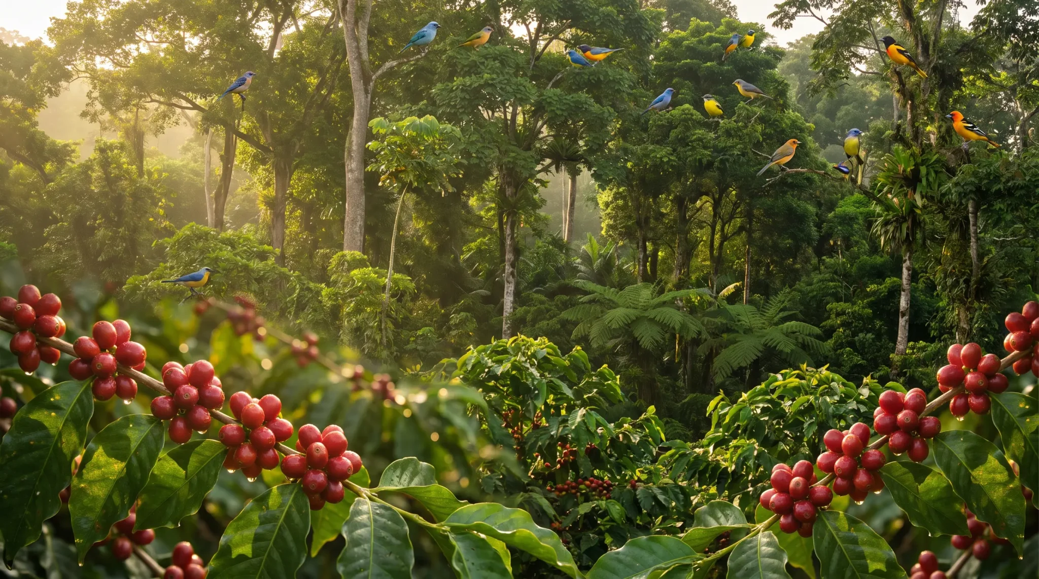 Vibrant birds perched in lush coffee plantation with red berries under morning light
