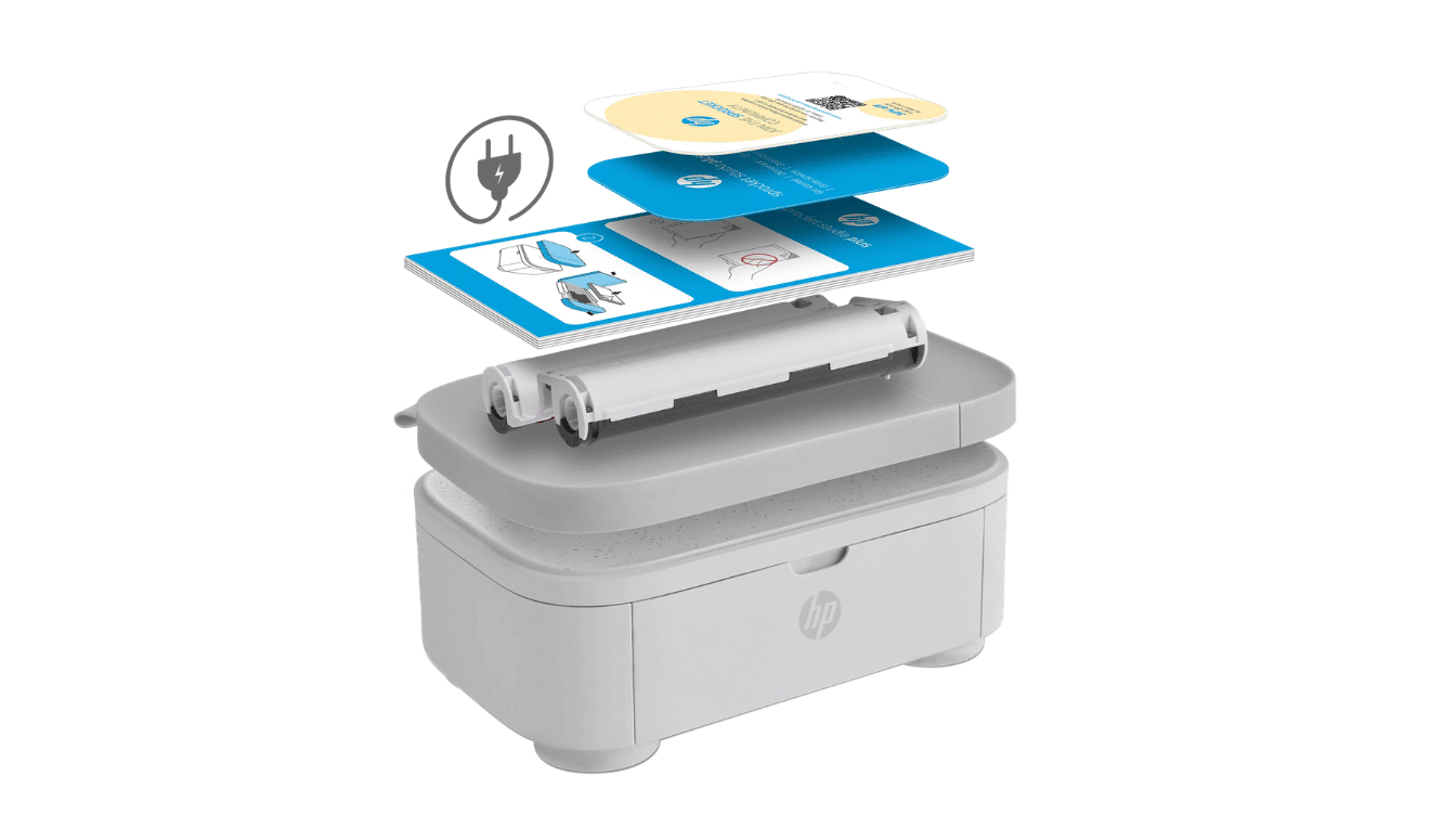 white compact hp sprocket studio plus photo printer showing a printed sheet emerging from the device on a clean background