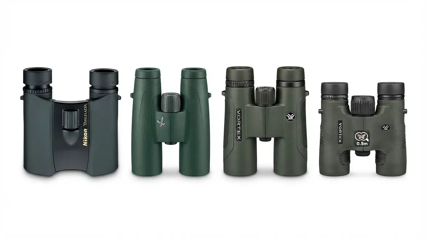 four compact binoculars arranged in a row showing different designs for travel and bird watching use