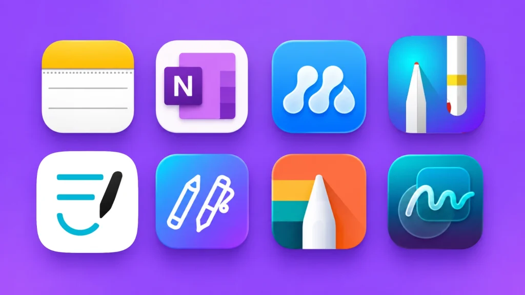 ipad note taking apps including apple notes onenote nebo noteful and freeform in a colorful app collage