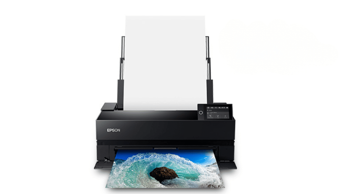 black epson surecolor p900 professional photo printer printing a vibrant ocean image with large paper feed tray