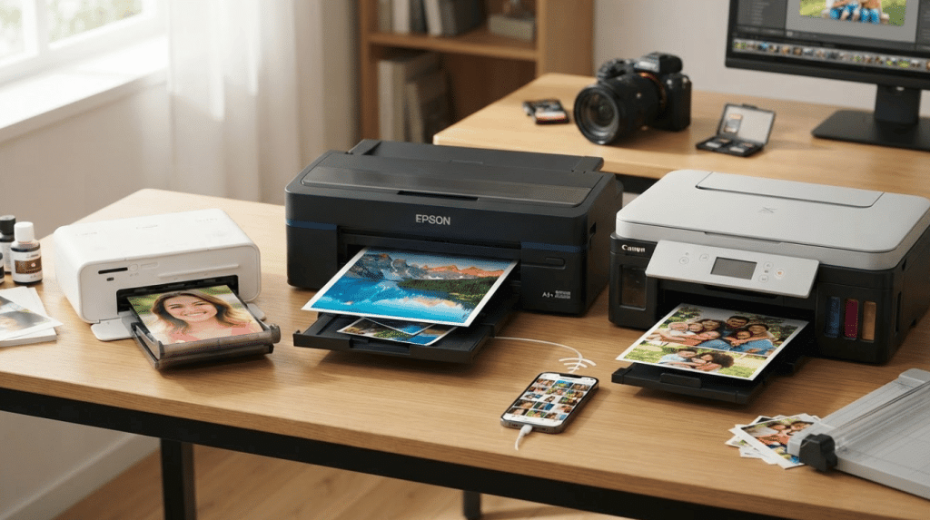 three photo printers on a wooden desk printing colorful photos with smartphone and camera setup for comparison testing