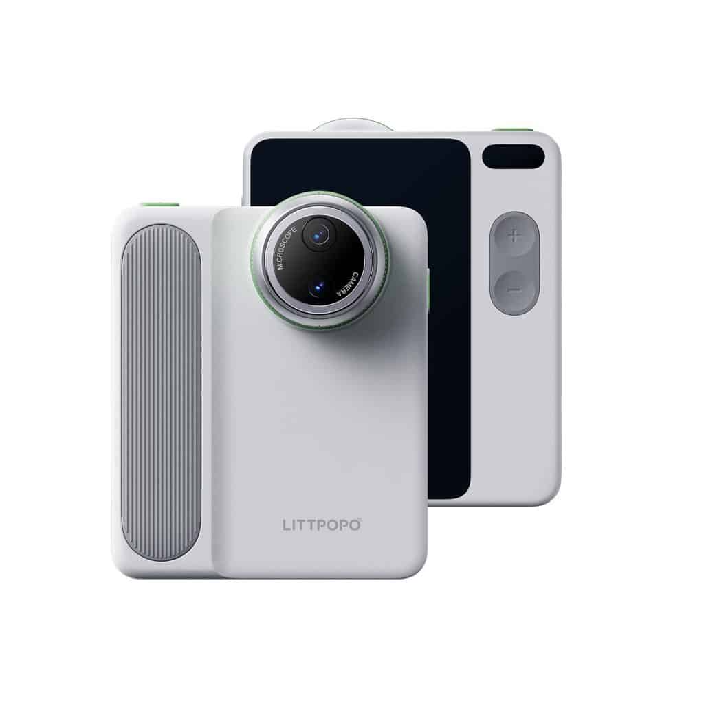 Compact white digital camera with large lens and textured grip on white background