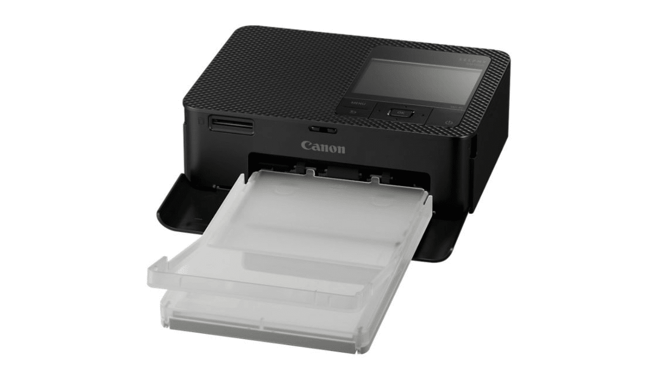 black canon selphy cp1500 portable photo printer with open paper tray and compact design for instant prints