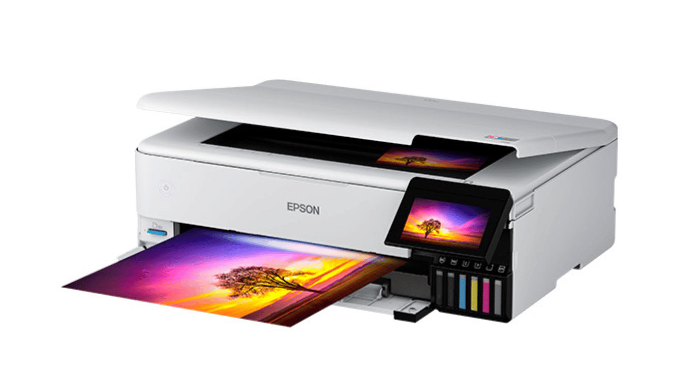 white epson ecotank photo et 8550 refillable ink printer printing a colorful landscape photo with visible ink tanks