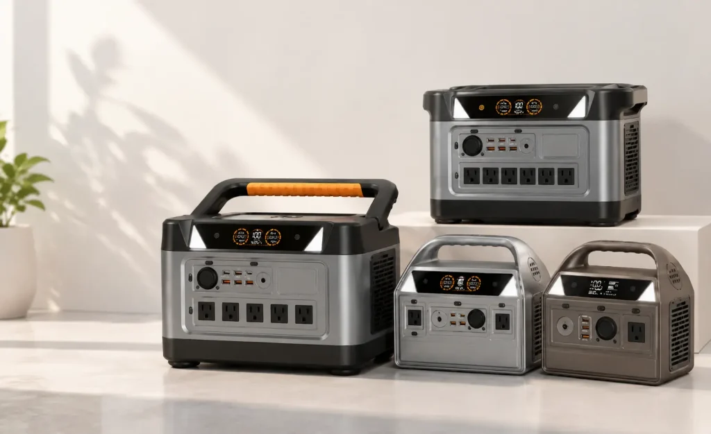Four portable power stations of varying sizes, each with digital displays, USB ports, and AC outlets on a countertop.