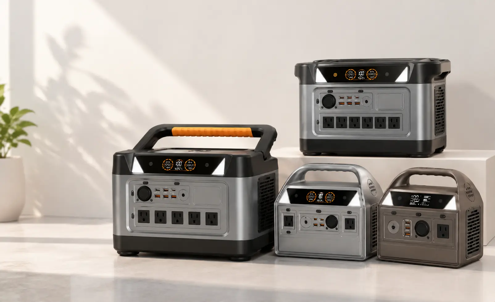 Four portable power stations of varying sizes, each with digital displays, USB ports, and AC outlets on a countertop.