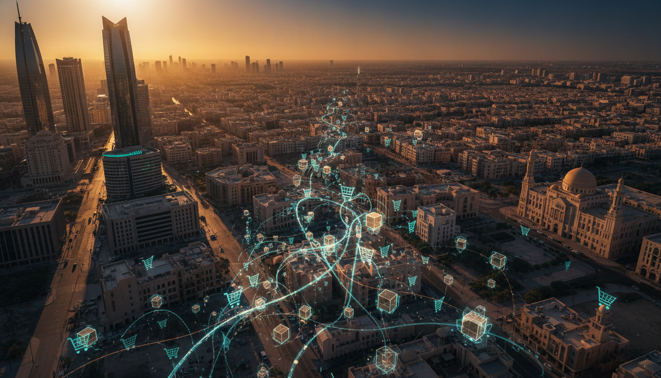 Futuristic skyline with digital shopping icons overlay at sunset in urban setting