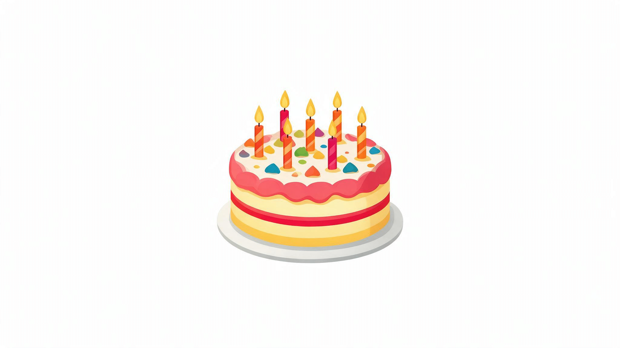 colorful birthday cake emoji with frosting and lit candles centered on a clean white background in flat digital style