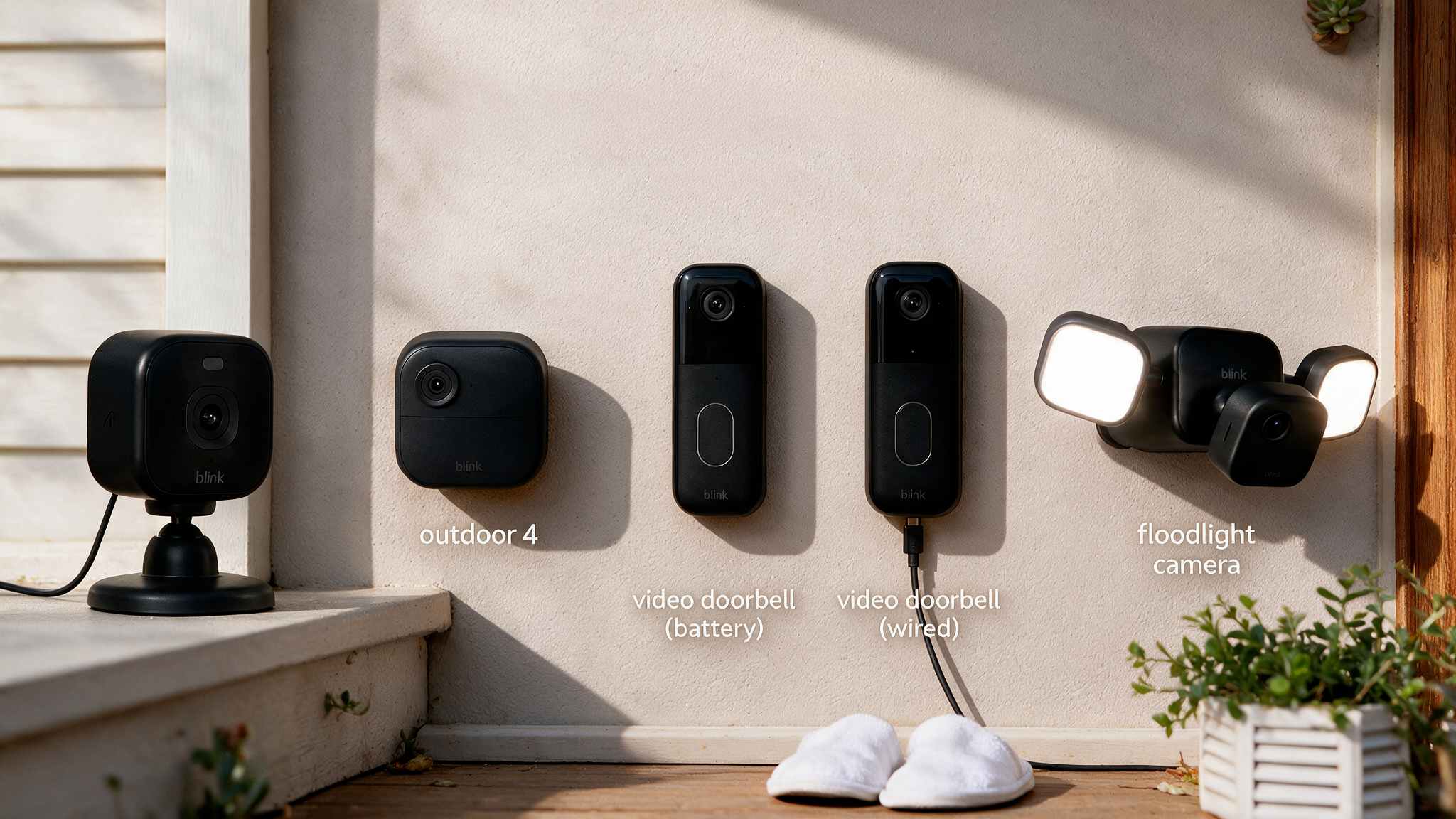 blink cameras and video doorbells mounted on a home wall beside a floodlight camera in bright natural daylight