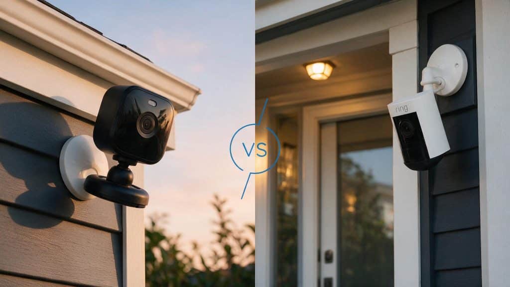 blink outdoor camera on siding versus ring stick up cam on doorway with vs symbol comparing both security brands