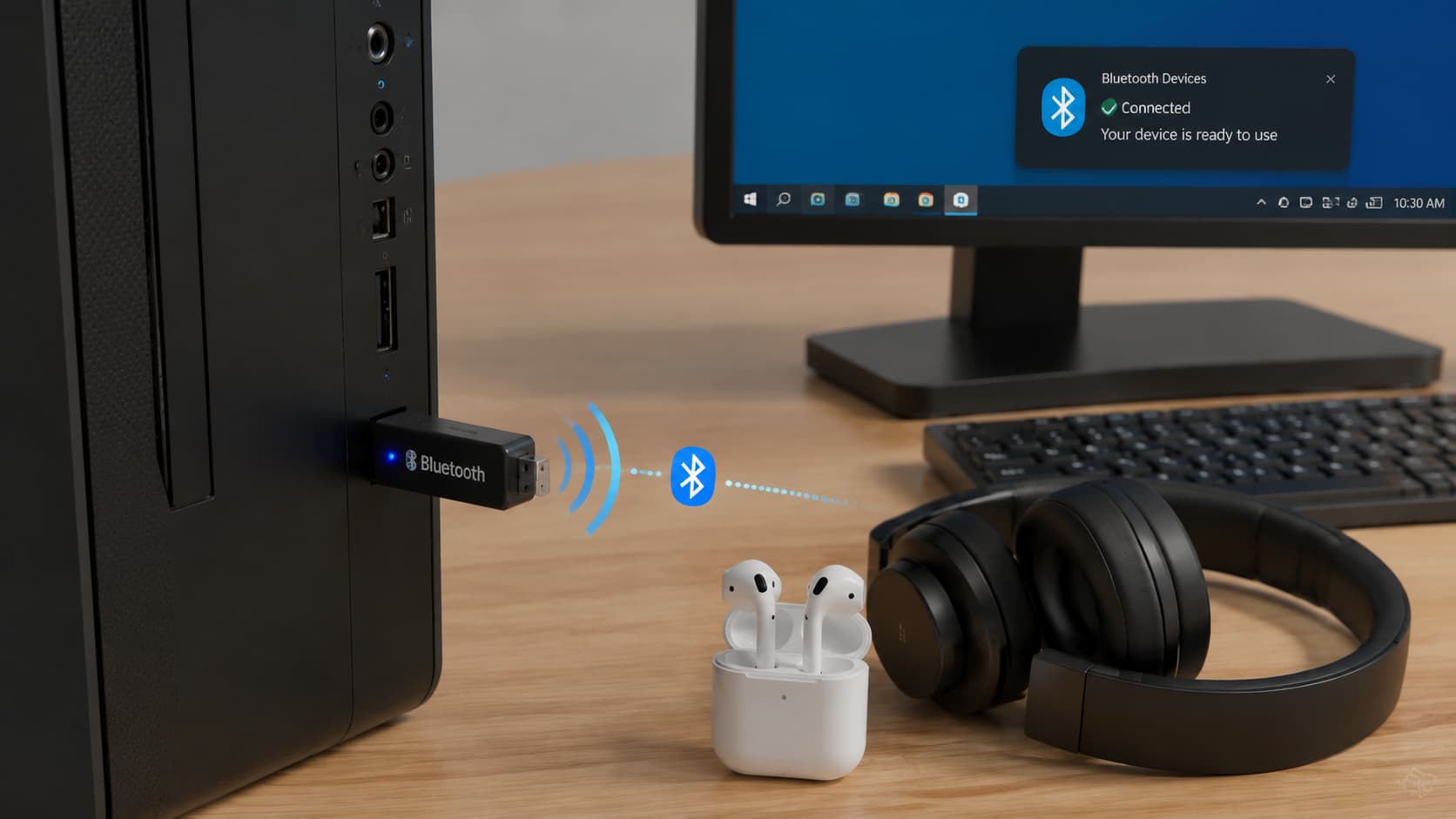 bluetooth adapter connected to desktop pc with wireless headphones showing device pairing setup