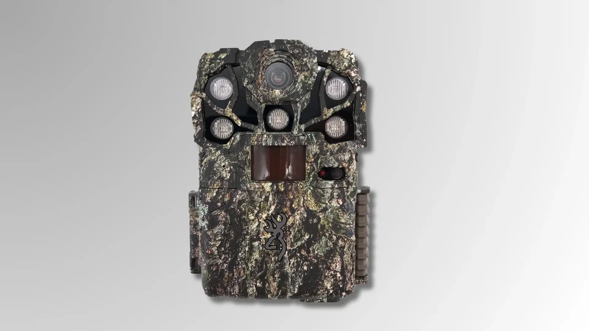 browning recon force elite hp5 ultra trail camera with camouflage housing and multiple infrared sensors