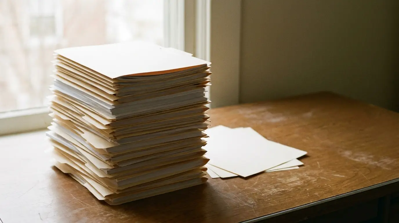Stack of thick paper folders on a wooden desk near a window