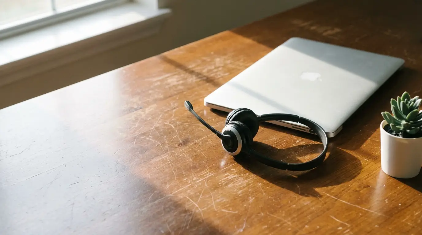 Closed laptop and headset on wooden desk with potted succulent in sunlight