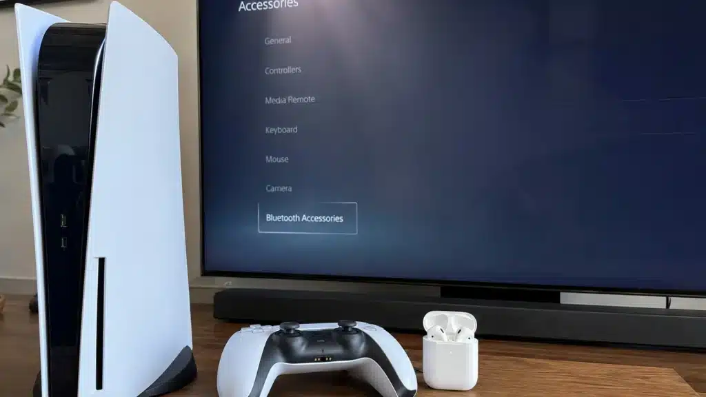 ps5 console and airpods setup showing wireless earbuds used for gaming audio connection