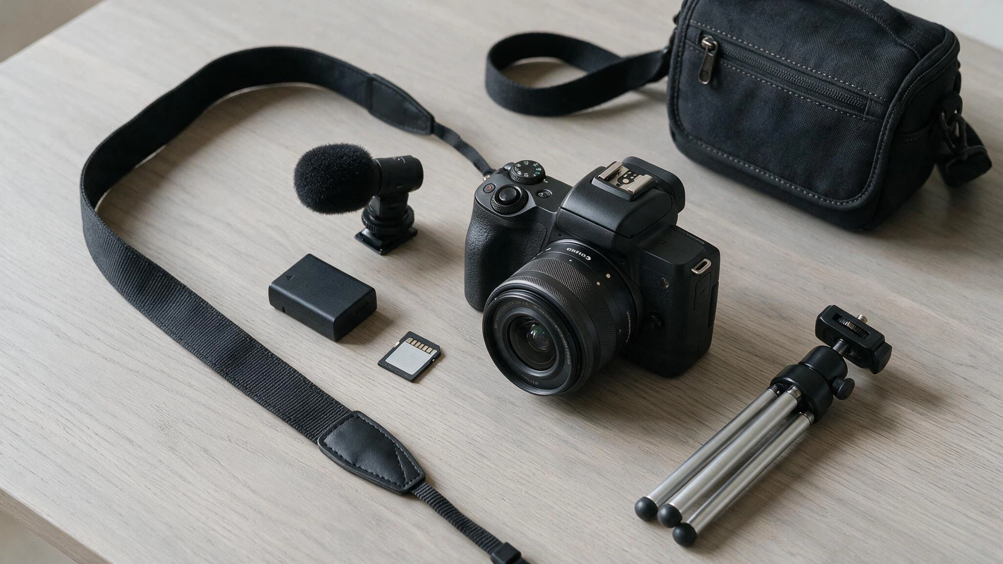 canon eos m50 kit with 15 45mm lens spare battery memory card microphone and compact camera bag