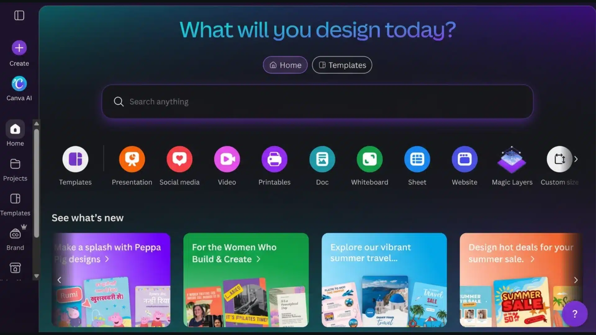 Canva homepage in dark mode showing design categories, templates, search bar, and colorful design previews.