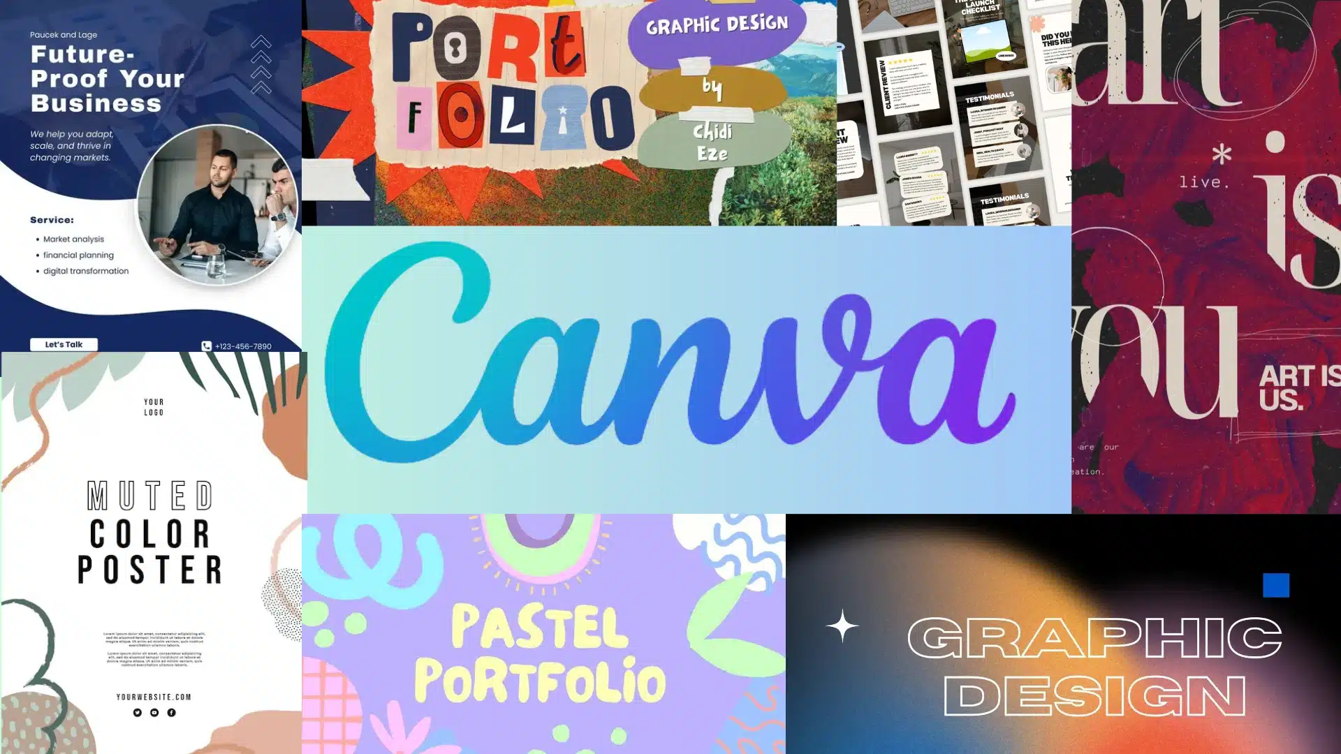 Canva graphic design collage featuring colorful portfolio templates, posters, business layouts, and creative design examples.