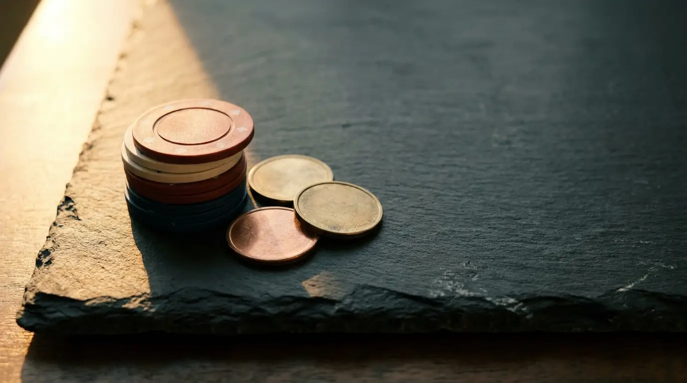 Stack of colorful poker chips on dark slate surface in warm sunlight