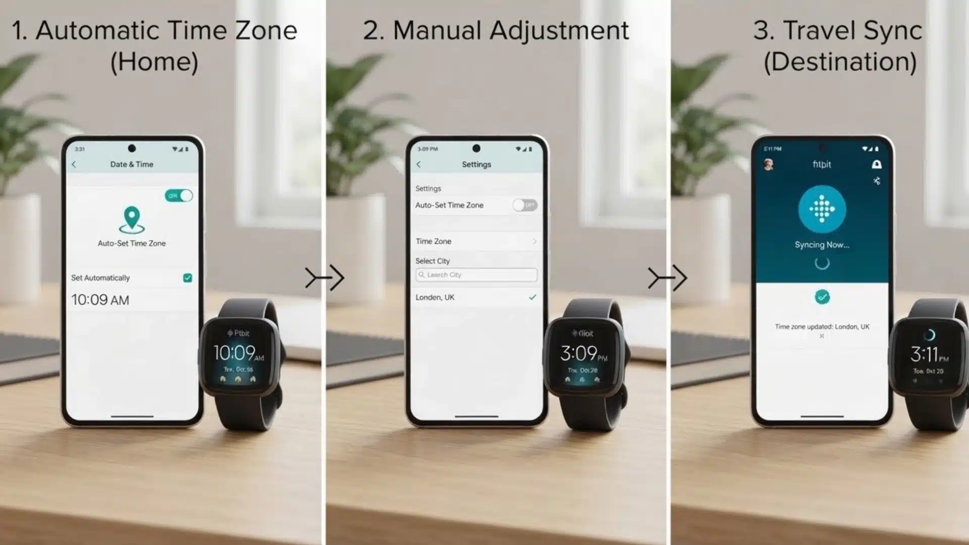 fitbit time zone settings steps showing automatic, manual, and travel sync adjustments on phone and watch