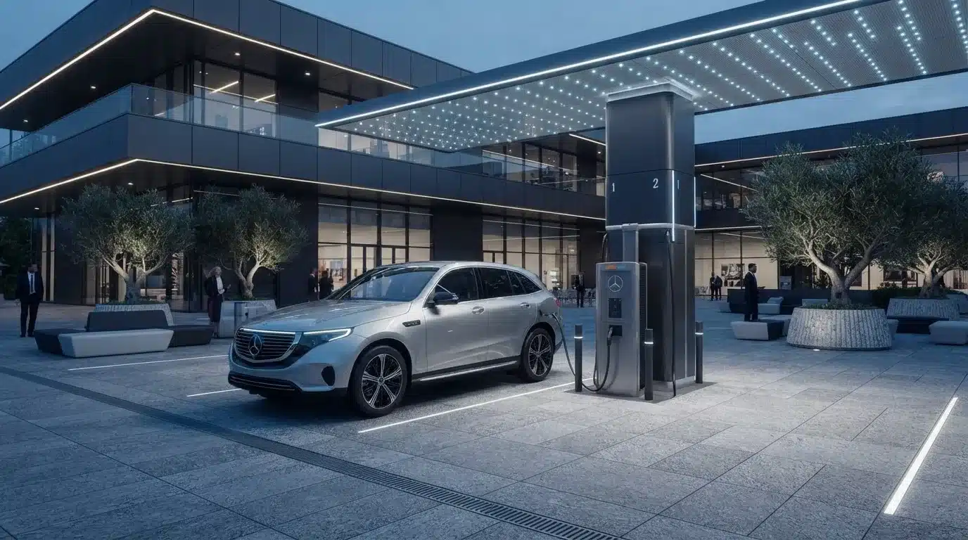 mercedes electric vehicle charging at a modern station outside a luxury building with lights
