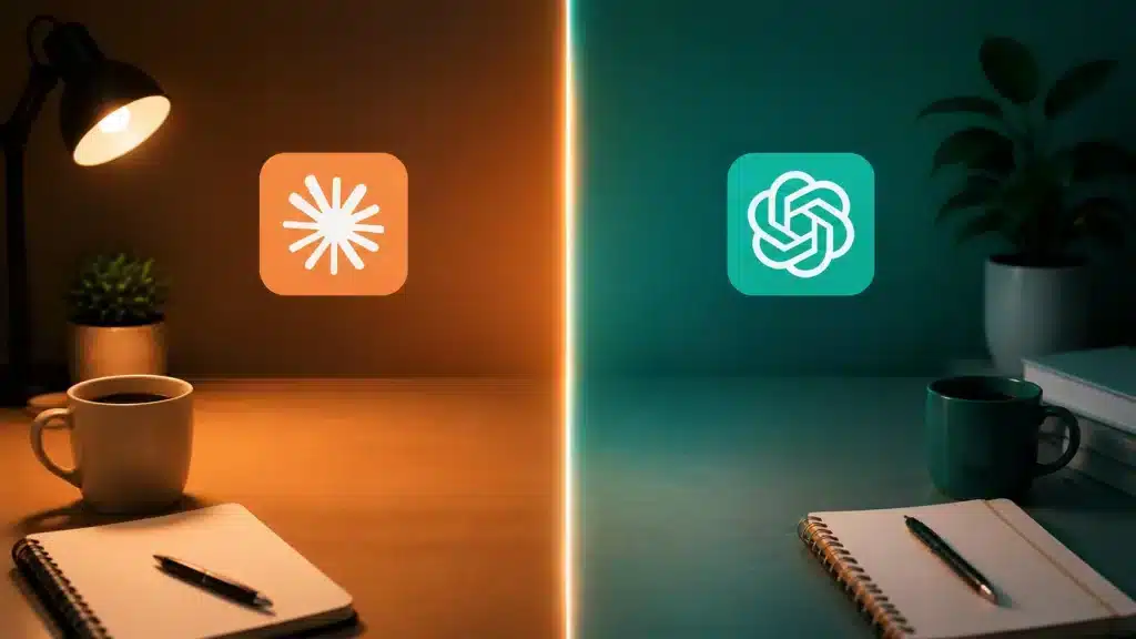 claude ai vs chatgpt comparison showing two ai assistants side by side in a modern digital workspace