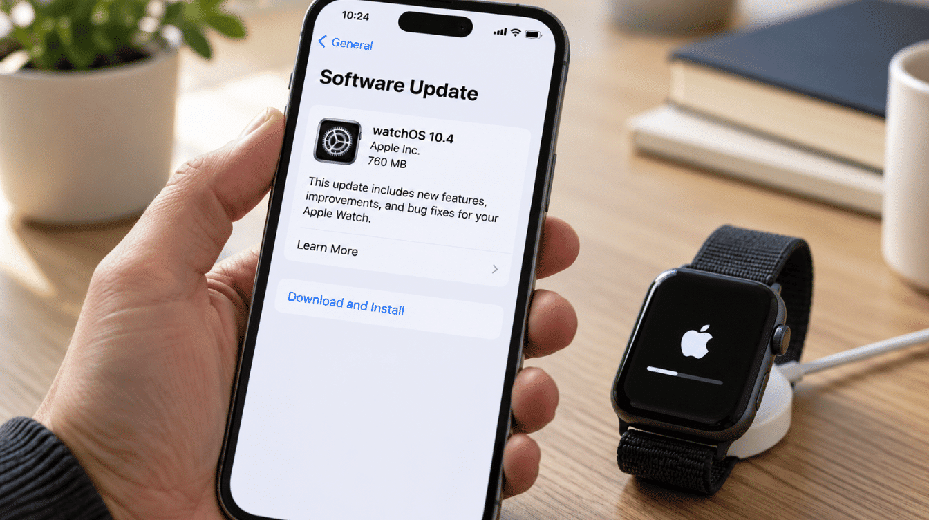 iphone showing the software update screen beside an apple watch charging on a wooden desk