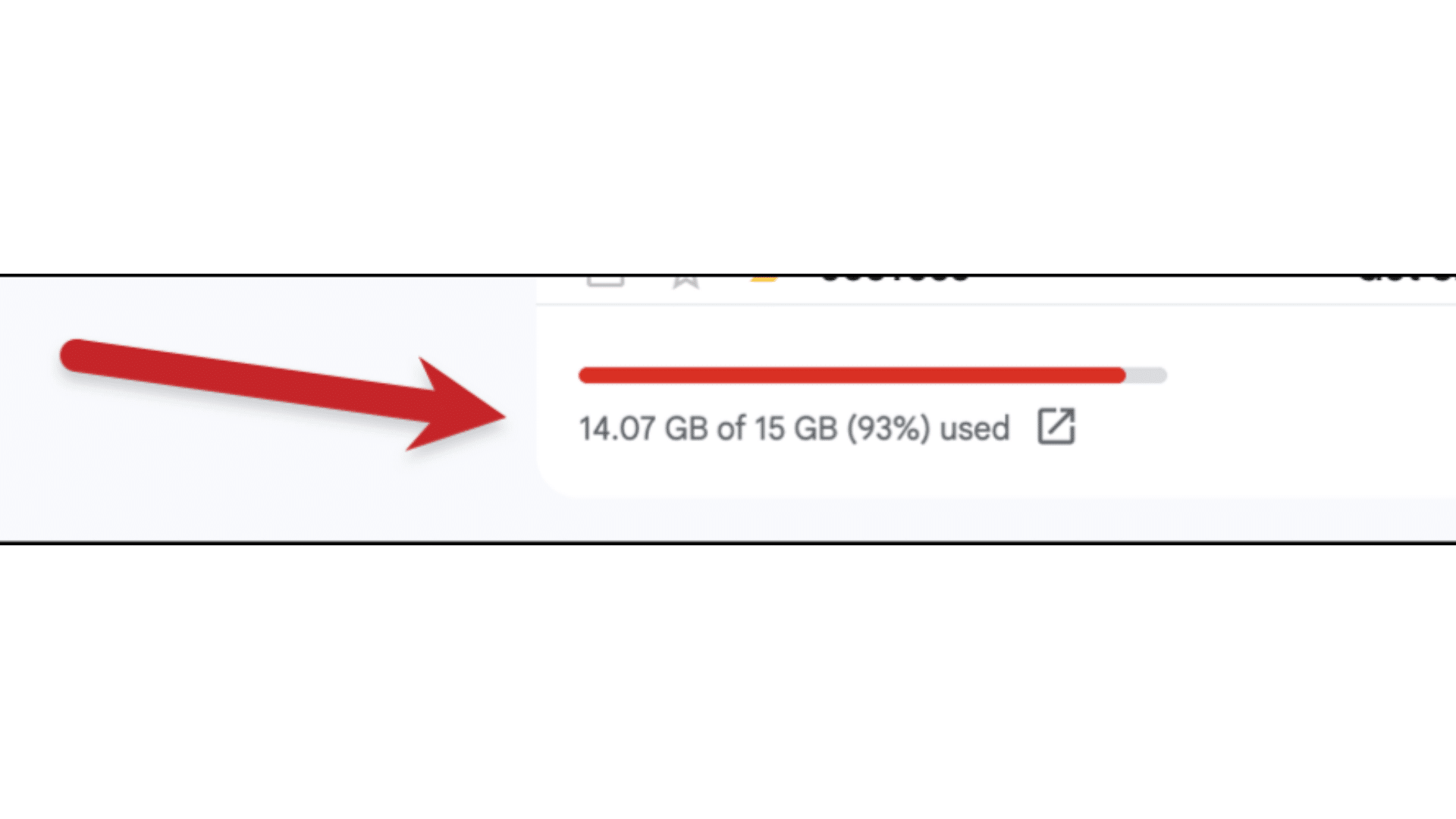 gmail storage usage showing 14.07 GB of 15 GB used with a red arrow pointing to the meter