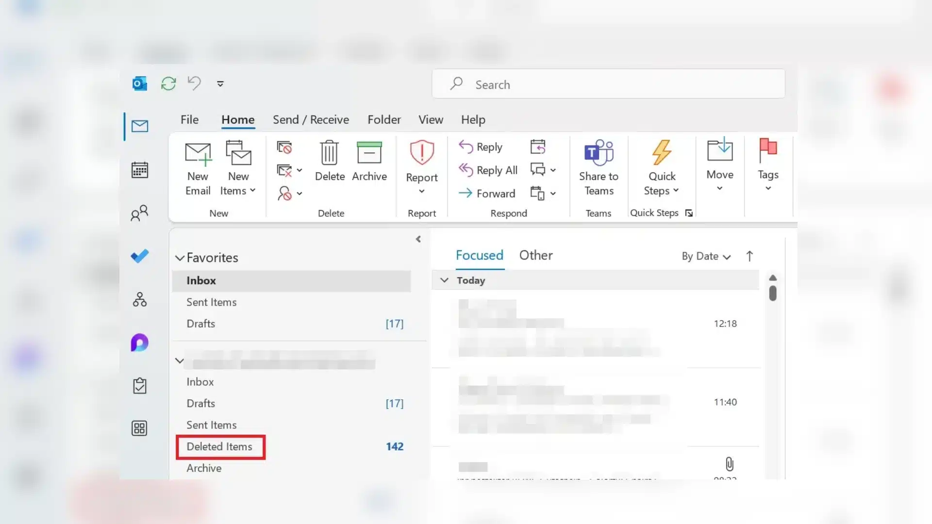 outlook inbox with deleted items folder highlighted in the left sidebar