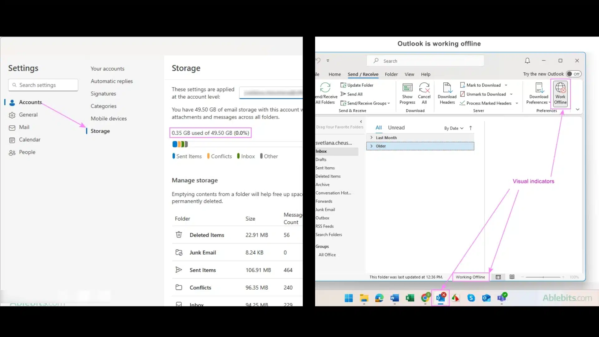 outlook settings and offline mode screens showing storage usage and work offline options