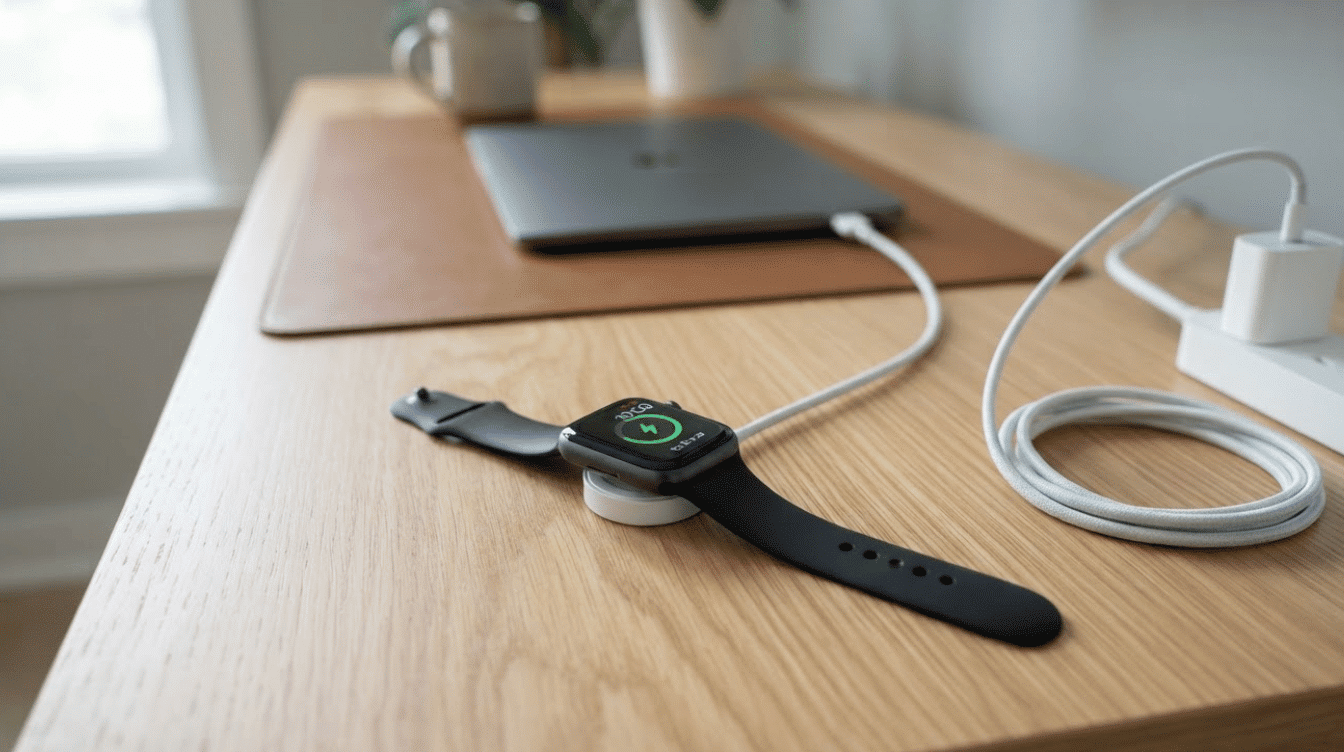Apple Watch resting face-up on a magnetic charger with charging cable and power adapter on a wooden desk