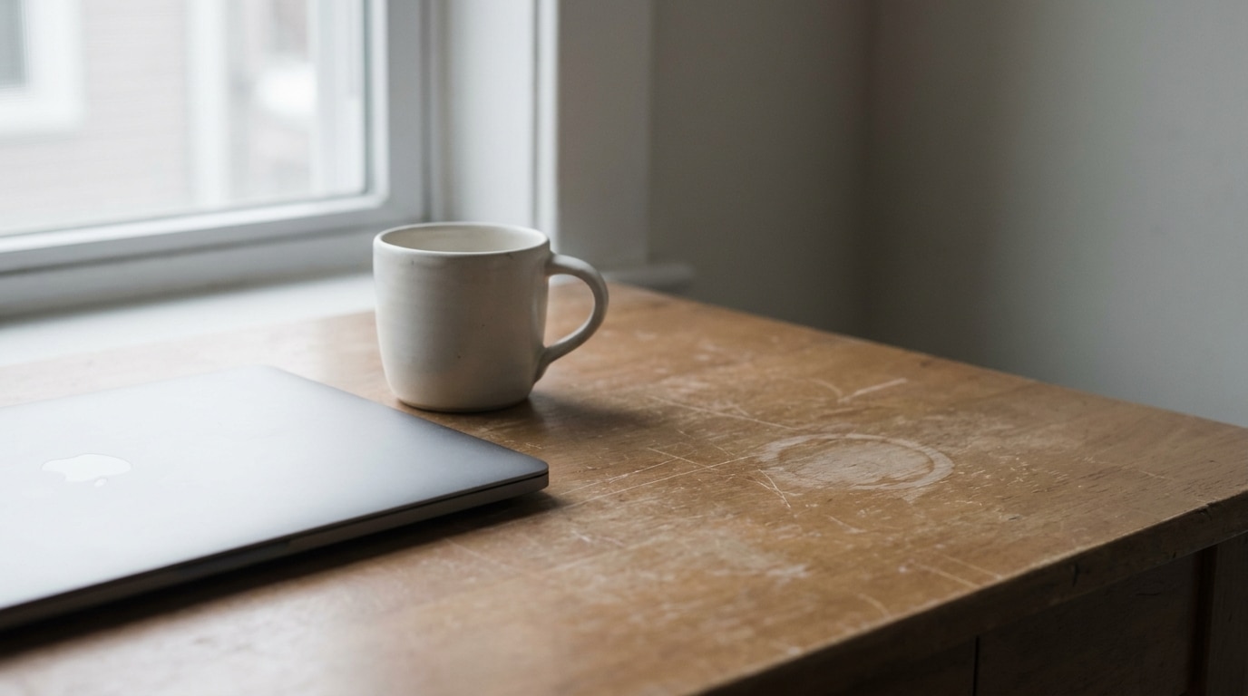 Laptop and white mug on wooden desk near window in natural light