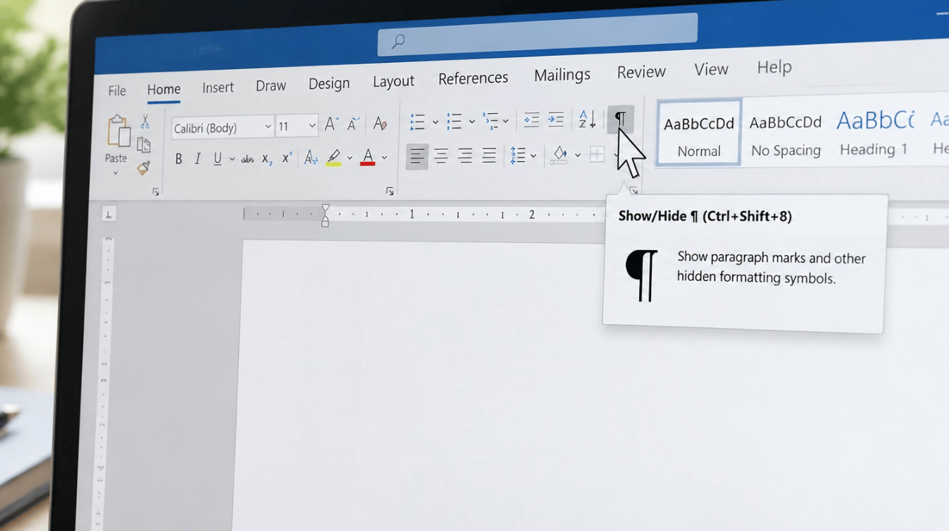 close up view of microsoft word showing paragraph marks and hidden formatting symbols while removing a blank page