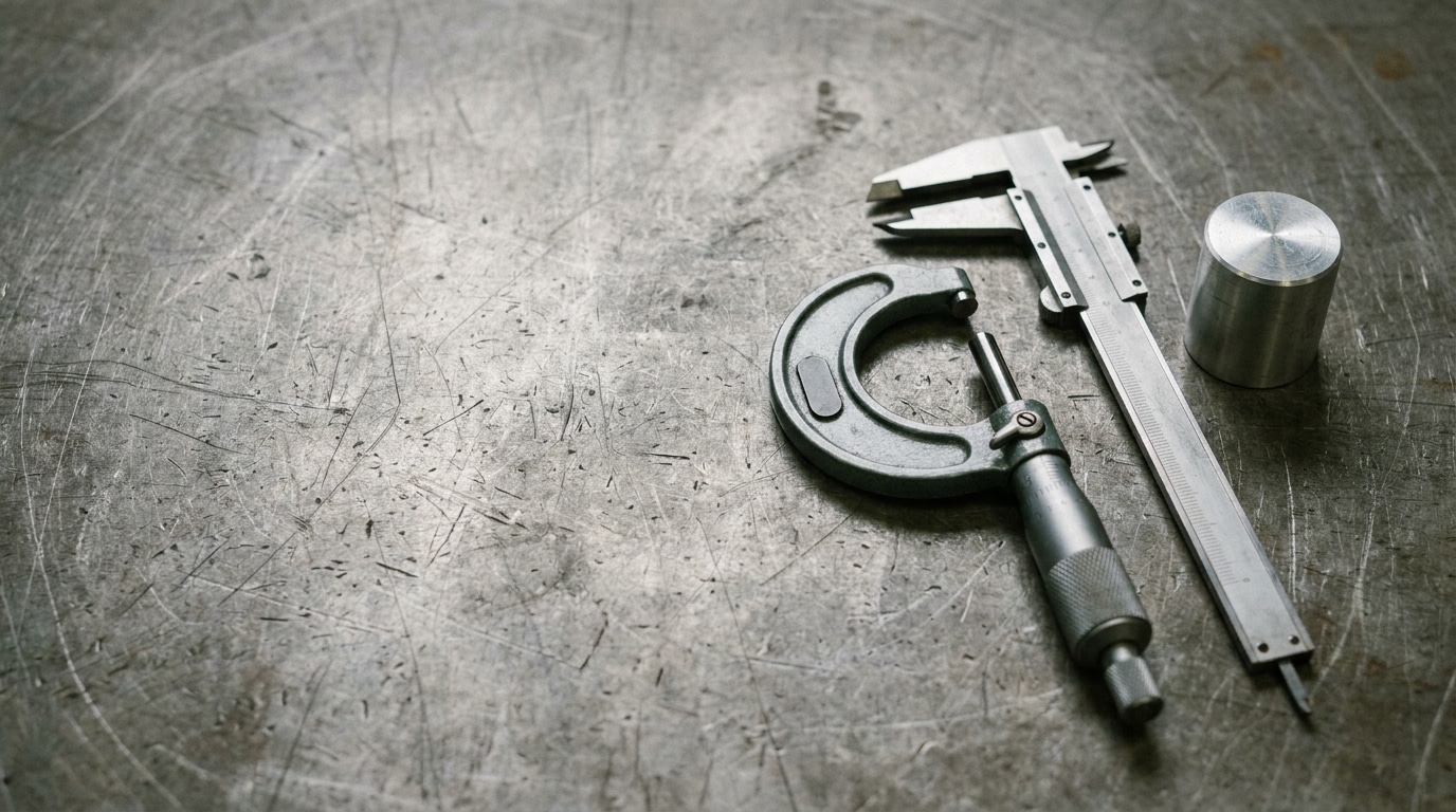 Caliper and micrometer on scratched metal surface in workshop setting