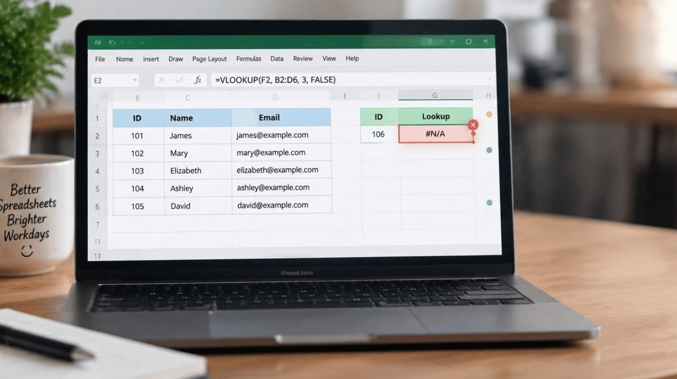 laptop displaying an Excel VLOOKUP error example with a highlighted lookup result and employee data table on screen