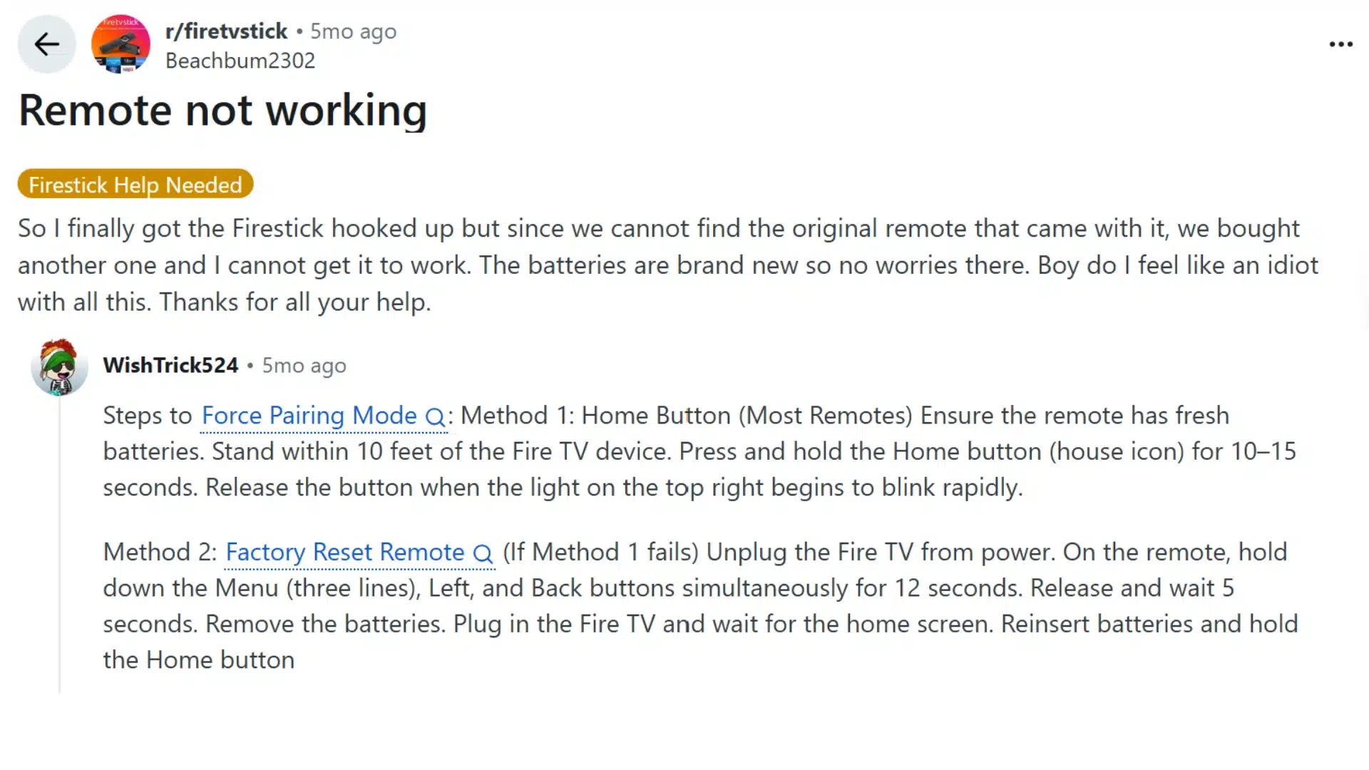 Reddit discussion showing Fire Stick remote pairing fixes and reset steps from community users.