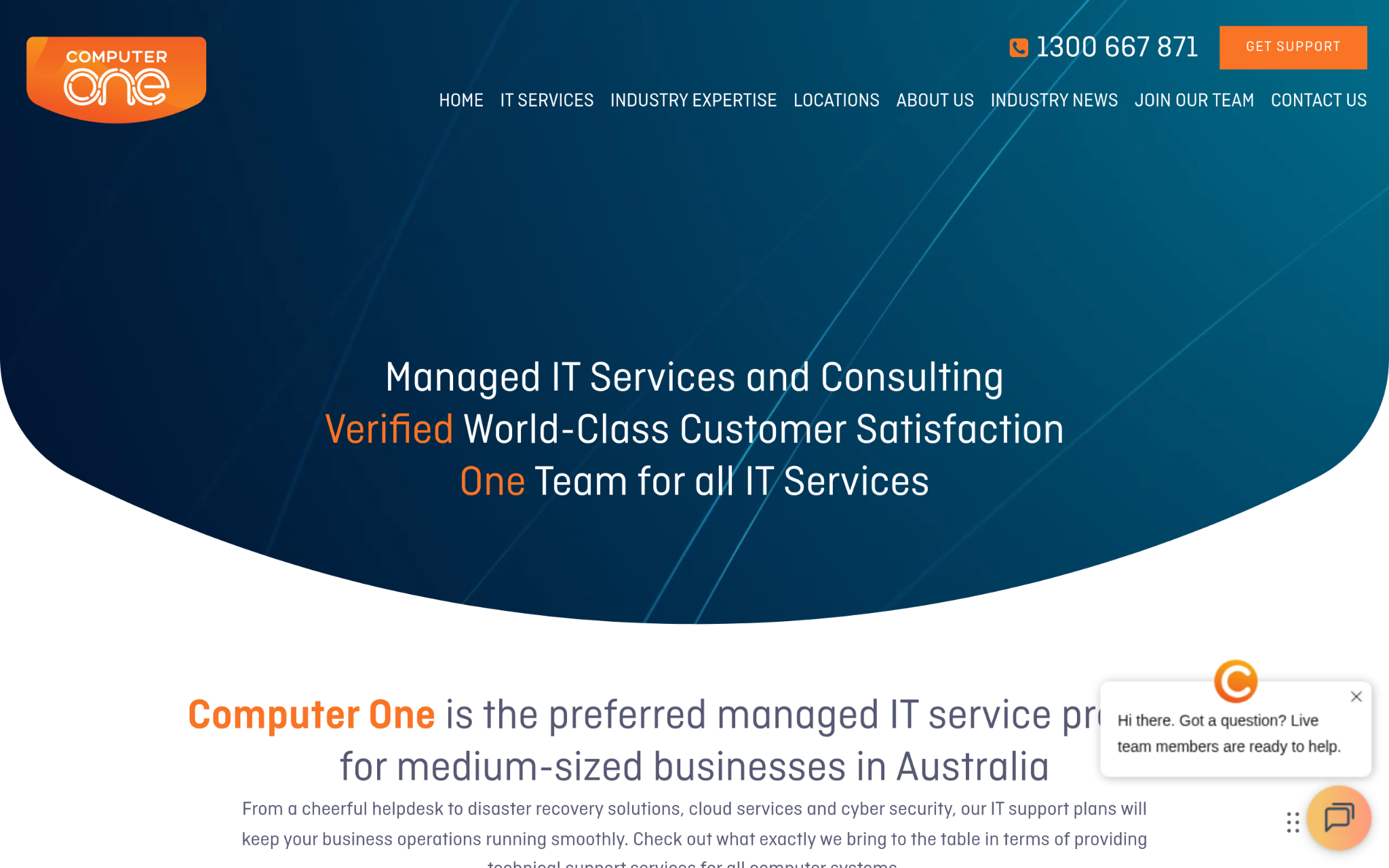 Website homepage with dark blue gradient background and navigation menu at top
