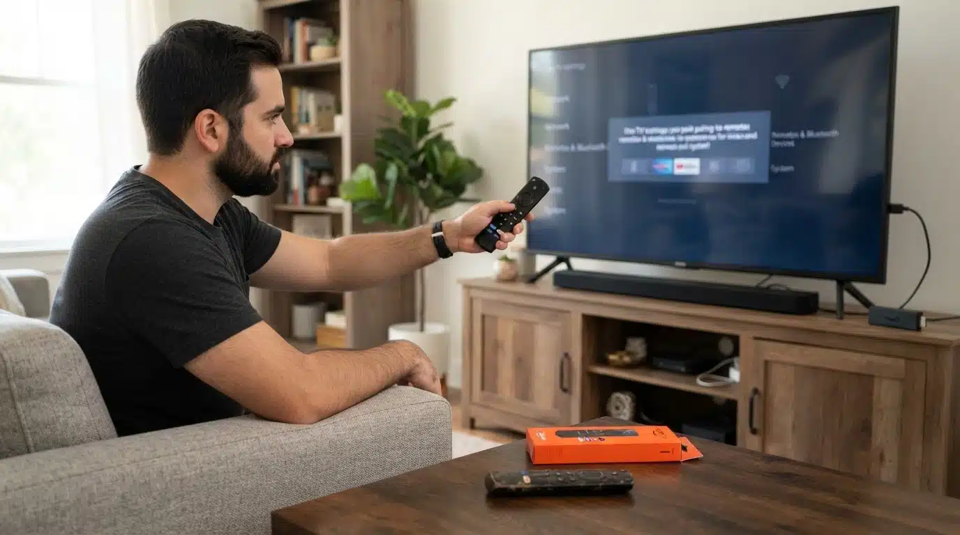 replacement Fire TV remote being connected to television device setup