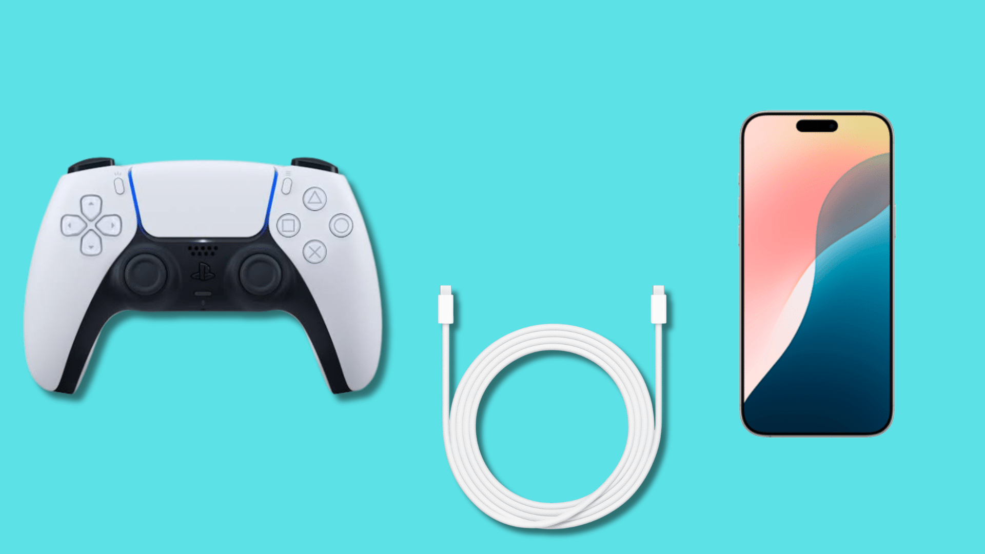 ps5 dualsense controller connected to iphone using a usb c or lightning cable setup