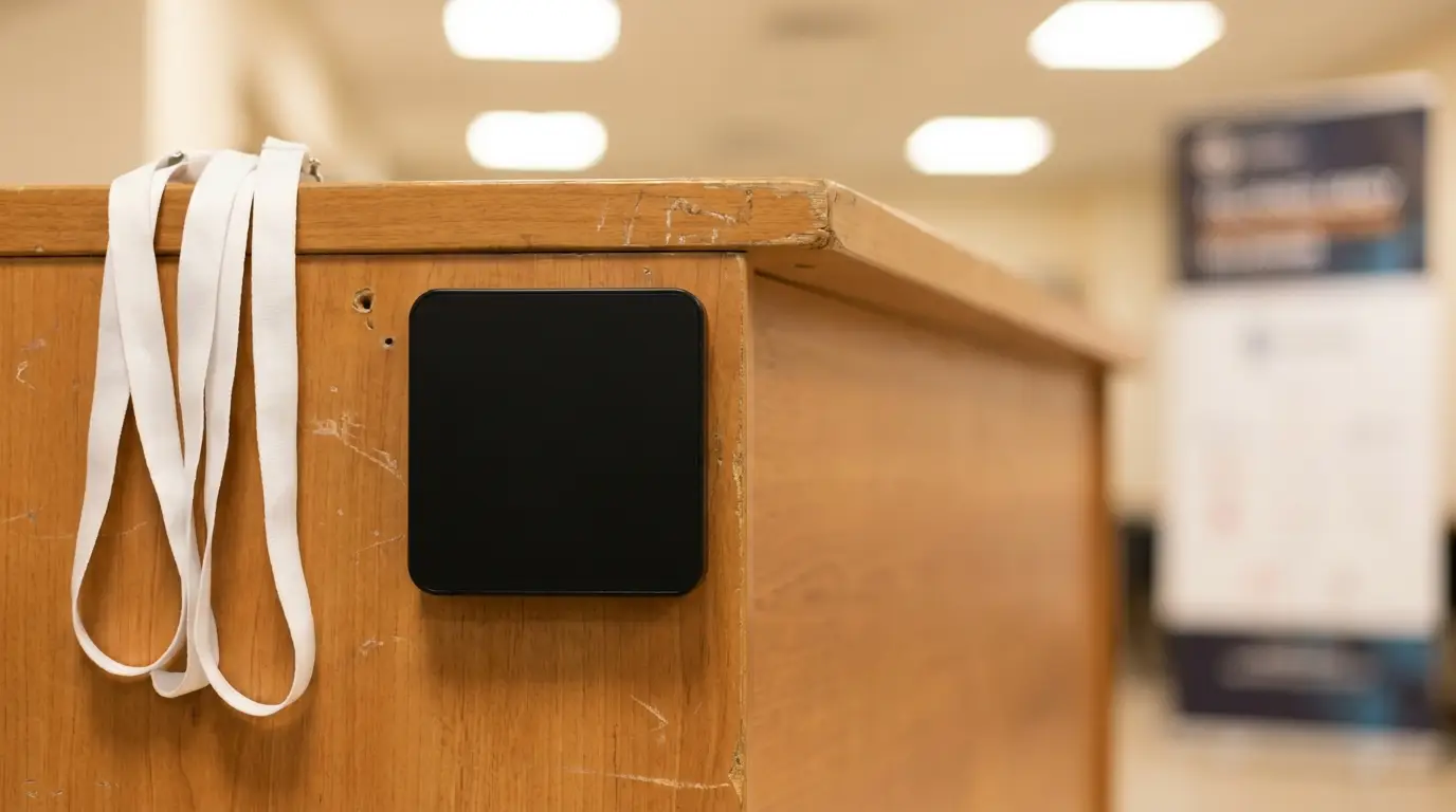 Black card reader attached to wooden desk with white lanyards in an indoor setting
