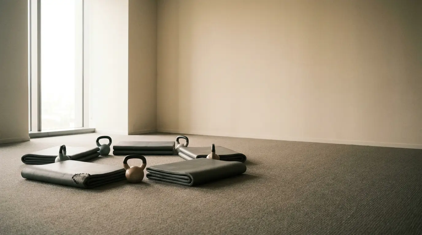 Exercise mats and kettlebells arranged on carpeted floor in bright, empty room
