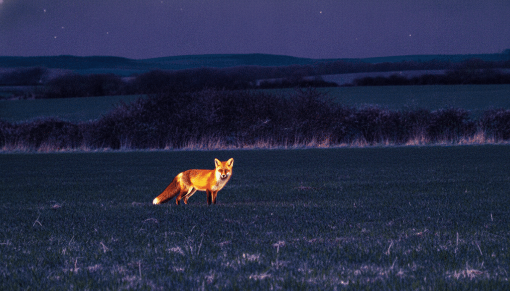 Red fox standing in open field under nighttime sky with distant tree line