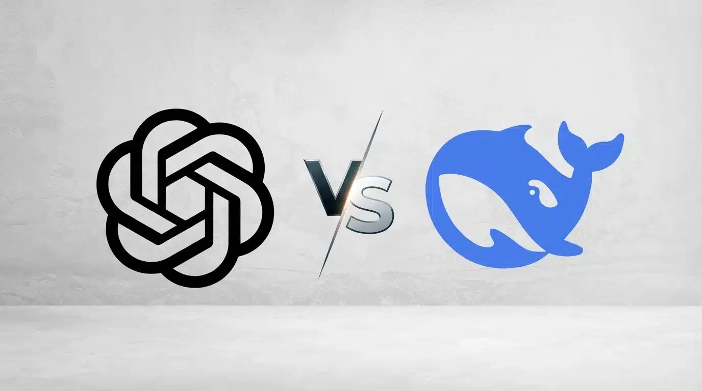 chatgpt and deepseek logos compared with vs symbol on gray background for ai tools comparison